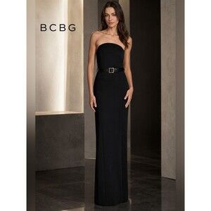 BCBG BD5M1393 Black Strapless Scuba Belted Maxi Gown Dress Size 10 NWT